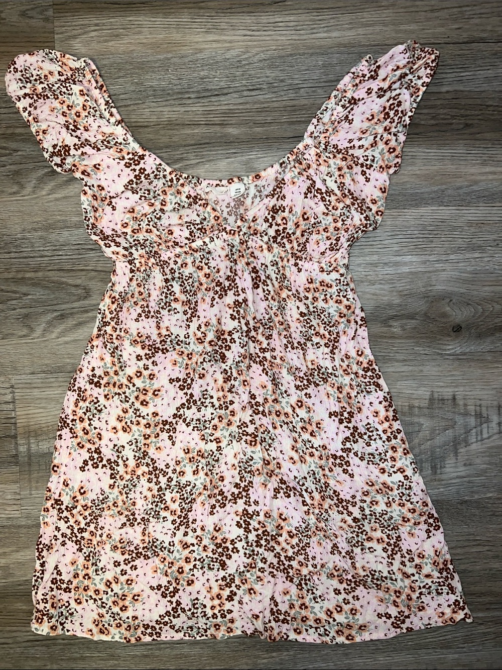 Roxy Pink Floral Smocked Mini Dress with Brown Print